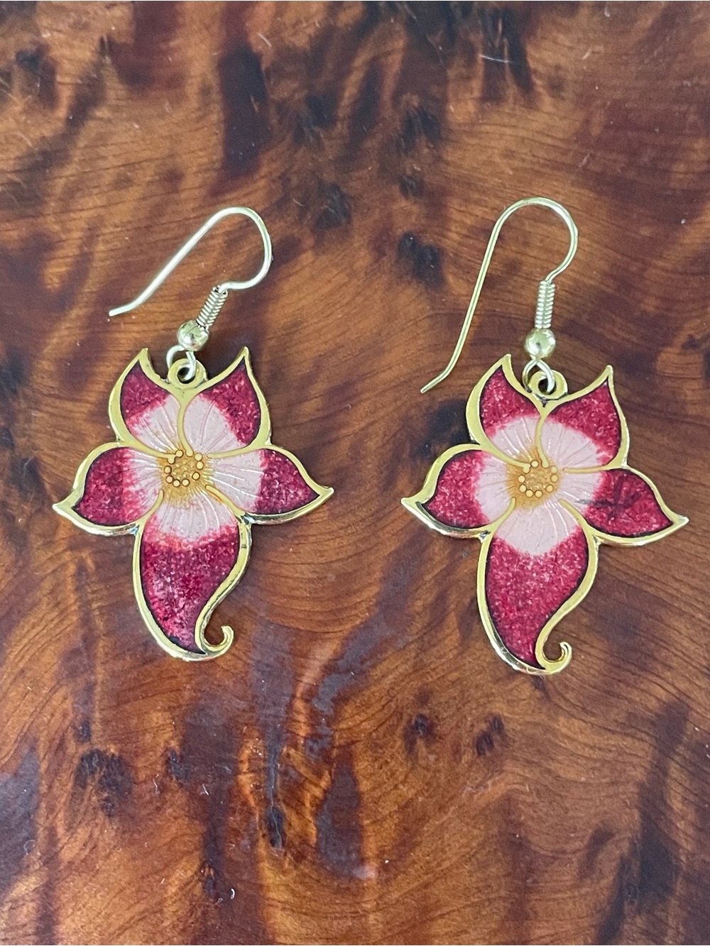 Vintage Cloisonné Enamel Gold-Tone Pink Floral Orchid Drop Earrings